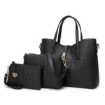 Black Croc Print 3-Piece Women’s Handbag Set – Tote, Crossbody, Clutch & Wristlet