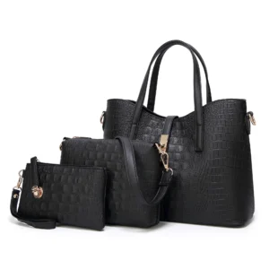 Black Croc Print 3-Piece Women’s Handbag Set – Tote, Crossbody, Clutch & Wristlet