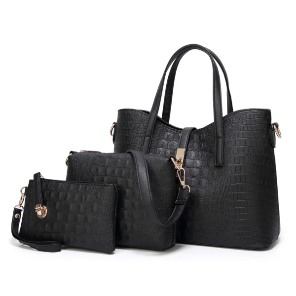 Black Croc Print 3-Piece Women’s Handbag Set – Tote, Crossbody, Clutch & Wristlet
