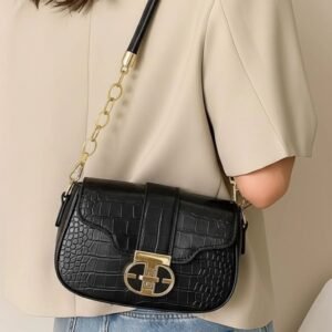 Structured Croc-Embossed Faux Leather Shoulder Bag with Gold-Tone Chain Accent & Geometric Clasp