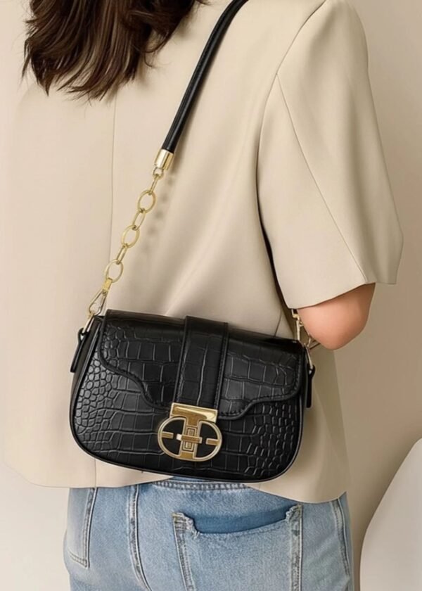 Structured Croc-Embossed Faux Leather Shoulder Bag with Gold-Tone Chain Accent & Geometric Clasp